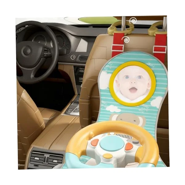 Rear Facing Car Seat Toys, 360° Rotation Baby Steering Wheel Toy with Mirror, Music, Lights and Driving Sounds, 12 Months+ Kids Steering Wheel for Car Backseat