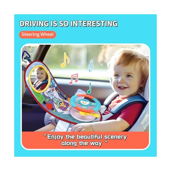 Rear Facing Car Seat Toys, 360° Rotation Baby Steering Wheel Toy with Mirror, Music, Lights and Driving Sounds, 12 Months+ Kids Steering Wheel for Car Backseat, Green
