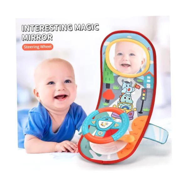 Rear Facing Car Seat Toys, 360° Rotation Baby Steering Wheel Toy with Mirror, Music, Lights and Driving Sounds, 12 Months+ Kids Steering Wheel for Car Backseat, Green