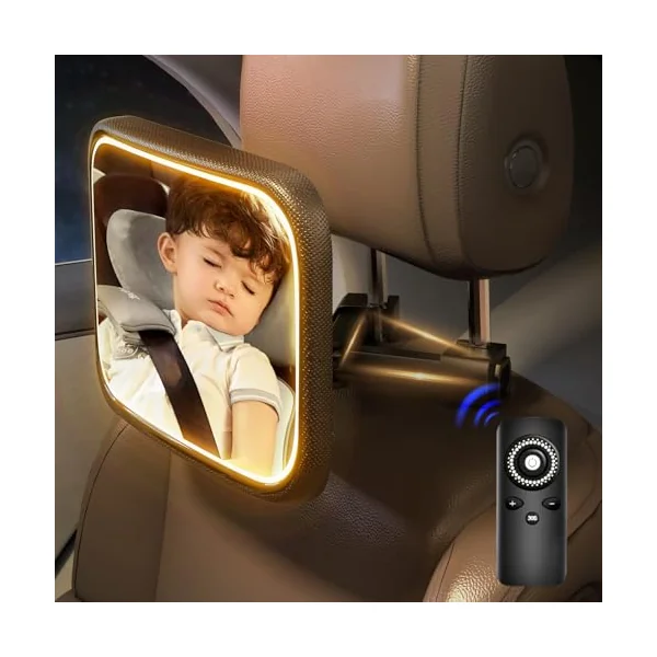 Rechargeable Baby Car Mirror with Light - Mirror for Baby in Car with Remote Control, Car Mirror for Baby Stable Hook Clip Shatterproof Crystal Clear Car Seat Mirror for Baby Safety