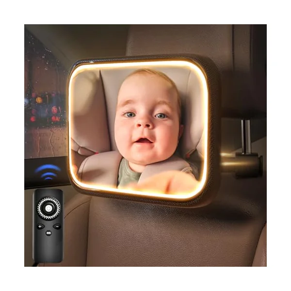 Rechargeable Baby Car Mirror with Light - Mirror for Baby in Car with Remote Control, Car Mirror for Baby Stable Hook Clip Shatterproof Crystal Clear Car Seat Mirror for Baby Safety