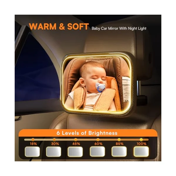 Rechargeable Baby Car Mirror with Light - Mirror for Baby in Car with Remote Control, Car Mirror for Baby Stable Hook Clip Shatterproof Crystal Clear Car Seat Mirror for Baby Safety