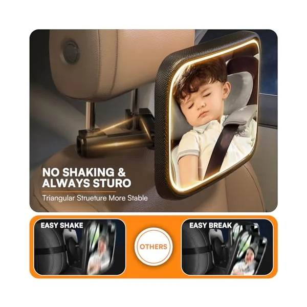Rechargeable Baby Car Mirror with Light - Mirror for Baby in Car with Remote Control, Car Mirror for Baby Stable Hook Clip Shatterproof Crystal Clear Car Seat Mirror for Baby Safety