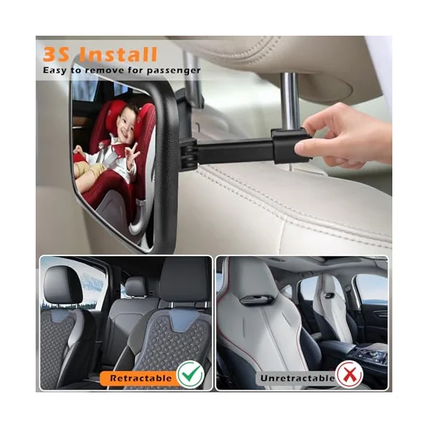 Rechargeable Baby Car Mirror with Light - Mirror for Baby in Car with Remote Control, Car Mirror for Baby Stable Hook Clip Shatterproof Crystal Clear Car Seat Mirror for Baby Safety