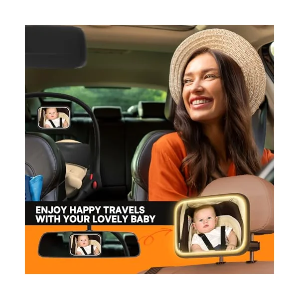Rechargeable Baby Car Mirror with Light - Mirror for Baby in Car with Remote Control, Car Mirror for Baby Stable Hook Clip Shatterproof Crystal Clear Car Seat Mirror for Baby Safety