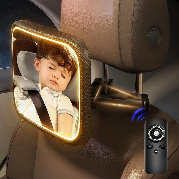 Rechargeable Baby Car Mirror with Light - Mirror for Baby in Car with Remote Control, Car Mirror for Baby Stable Hook Clip Shatterproof Crystal Clear Car Seat Mirror for Baby Safety