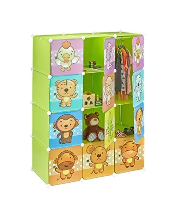 Relaxdays Children’s Modular Shelf, Cute Animal Prints, Plastic System, Doors, Wardrobe, Clothes Rails, Green
