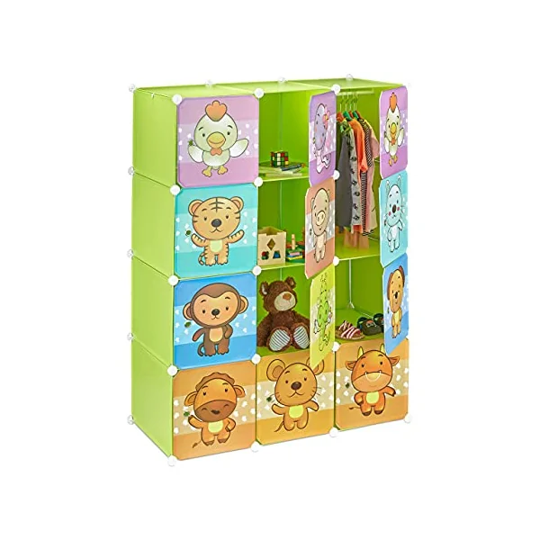 Relaxdays Children’s Modular Shelf, Cute Animal Prints, Plastic System, Doors, Wardrobe, Clothes Rails, Green