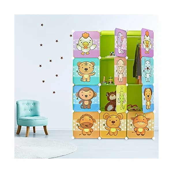 Relaxdays Children’s Modular Shelf, Cute Animal Prints, Plastic System, Doors, Wardrobe, Clothes Rails, Green