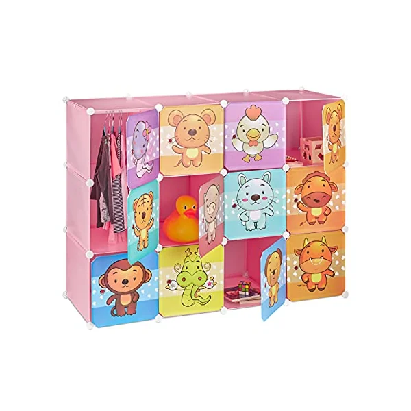 Relaxdays Children’s Modular Shelf, Cute Animal Prints, Plastic System, Doors, Wardrobe, Clothes Rails, Green