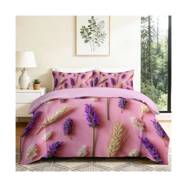Reversible Cot-bed Duvet Cover Set Lavender Wheat, Pastoral Floral Plants Soft Brushed Microfibre Bedding Set with Zip Fastening & Corner Ties, Pink Quilt Cover for Kids Teens Boys Girls