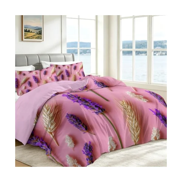 Reversible Cot-bed Duvet Cover Set Lavender Wheat, Pastoral Floral Plants Soft Brushed Microfibre Bedding Set with Zip Fastening & Corner Ties, Pink Quilt Cover for Kids Teens Boys Girls