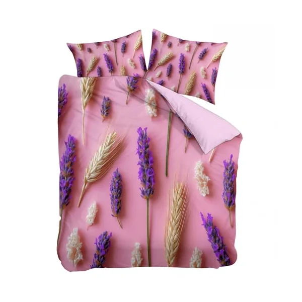 Reversible Cot-bed Duvet Cover Set Lavender Wheat, Pastoral Floral Plants Soft Brushed Microfibre Bedding Set with Zip Fastening & Corner Ties, Pink Quilt Cover for Kids Teens Boys Girls