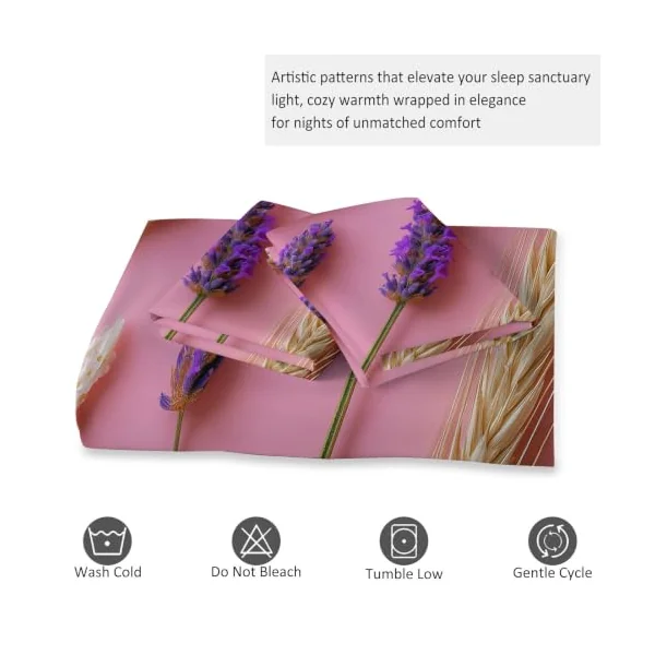 Reversible Cot-bed Duvet Cover Set Lavender Wheat, Pastoral Floral Plants Soft Brushed Microfibre Bedding Set with Zip Fastening & Corner Ties, Pink Quilt Cover for Kids Teens Boys Girls