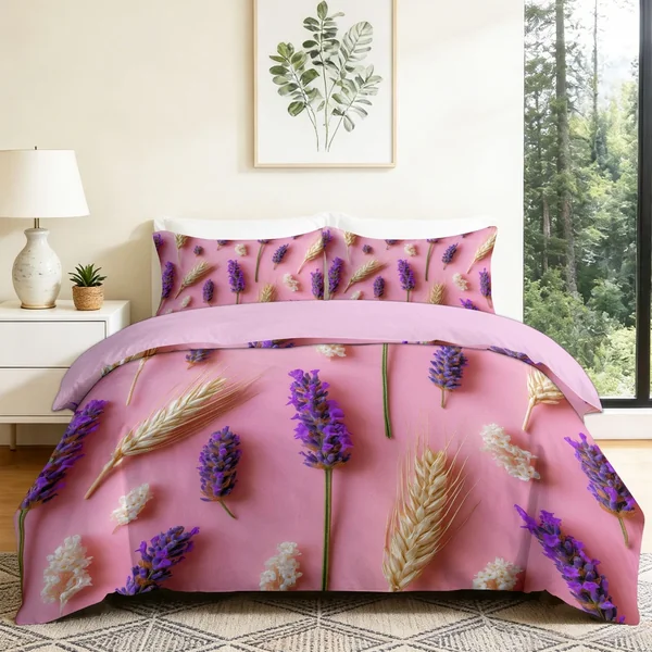 Reversible Cot-bed Duvet Cover Set Lavender Wheat, Pastoral Floral Plants Soft Brushed Microfibre Bedding Set with Zip Fastening & Corner Ties, Pink Quilt Cover for Kids Teens Boys Girls