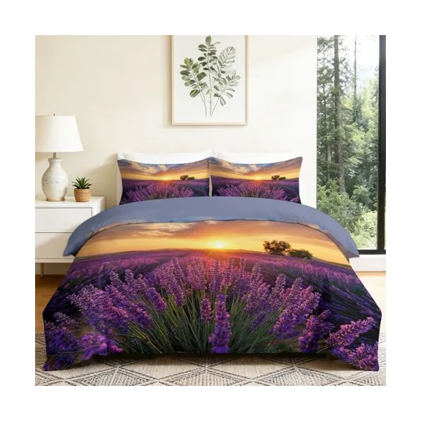 Reversible Cot-bed Duvet Cover Set Sunset Lavender Field, Nature Photography Soft Brushed Microfibre Bedding Set with Zip Fastening & Corner Ties, Mauve Quilt Cover for Kids Teens Boys Girls