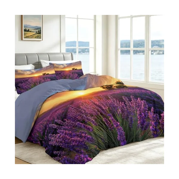 Reversible Cot-bed Duvet Cover Set Sunset Lavender Field, Nature Photography Soft Brushed Microfibre Bedding Set with Zip Fastening & Corner Ties, Mauve Quilt Cover for Kids Teens Boys Girls