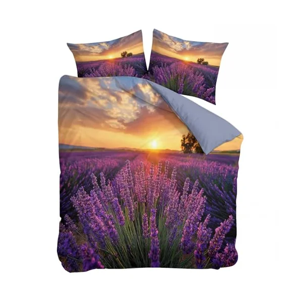 Reversible Cot-bed Duvet Cover Set Sunset Lavender Field, Nature Photography Soft Brushed Microfibre Bedding Set with Zip Fastening & Corner Ties, Mauve Quilt Cover for Kids Teens Boys Girls