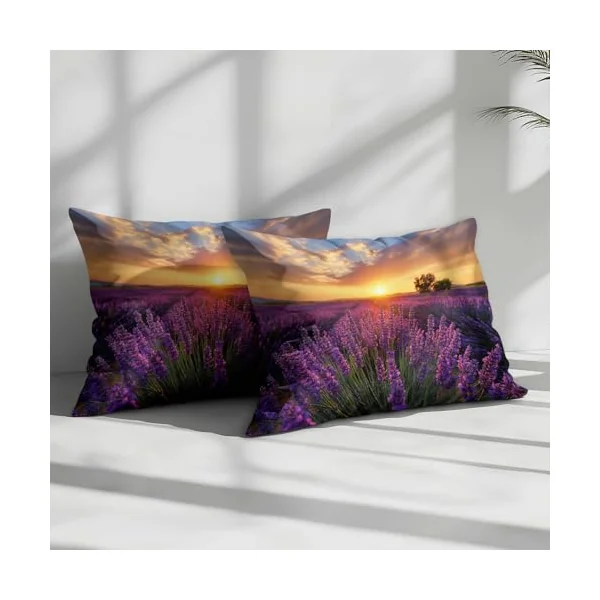 Reversible Cot-bed Duvet Cover Set Sunset Lavender Field, Nature Photography Soft Brushed Microfibre Bedding Set with Zip Fastening & Corner Ties, Mauve Quilt Cover for Kids Teens Boys Girls