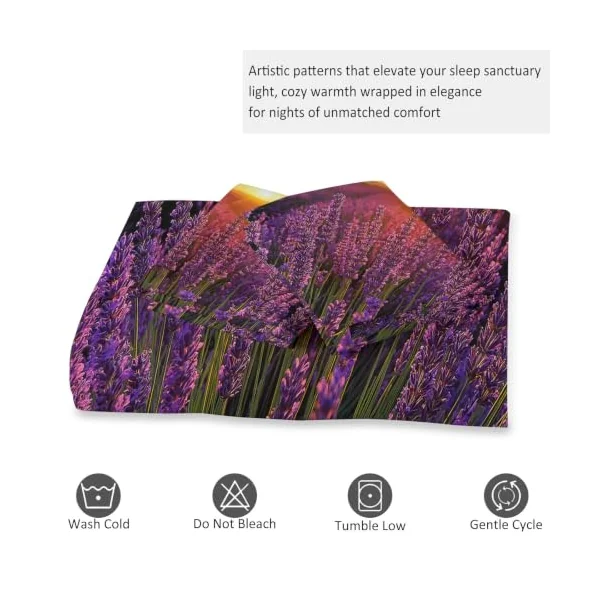 Reversible Cot-bed Duvet Cover Set Sunset Lavender Field, Nature Photography Soft Brushed Microfibre Bedding Set with Zip Fastening & Corner Ties, Mauve Quilt Cover for Kids Teens Boys Girls