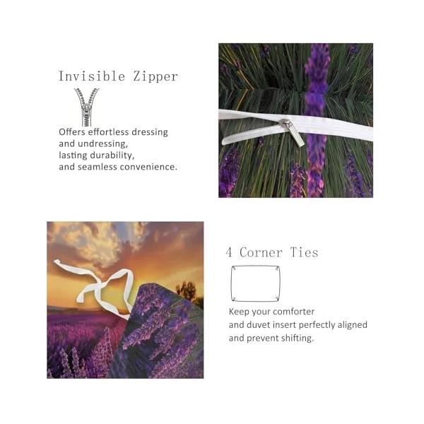 Reversible Cot-bed Duvet Cover Set Sunset Lavender Field, Nature Photography Soft Brushed Microfibre Bedding Set with Zip Fastening & Corner Ties, Mauve Quilt Cover for Kids Teens Boys Girls