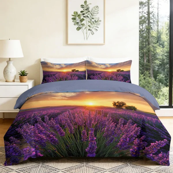 Reversible Cot-bed Duvet Cover Set Sunset Lavender Field, Nature Photography Soft Brushed Microfibre Bedding Set with Zip Fastening & Corner Ties, Mauve Quilt Cover for Kids Teens Boys Girls
