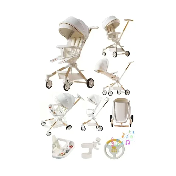 Rexhan 2 in 1 Baby Stroller, Foldable Pram, Feeding Chair, Baby Buggy, Reversible Pushchair, All in One Stroller, Newborns, Aluminium Frame, Lightweight, Shock Absorbers, Music, Footrest, White