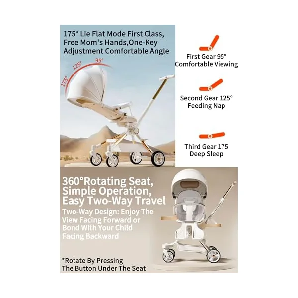 Rexhan 2 in 1 Baby Stroller, Foldable Pram, Feeding Chair, Baby Buggy, Reversible Pushchair, All in One Stroller, Newborns, Aluminium Frame, Lightweight, Shock Absorbers, Music, Footrest, White