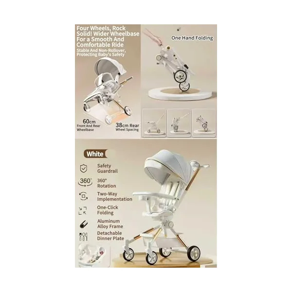 Rexhan 2 in 1 Baby Stroller, Foldable Pram, Feeding Chair, Baby Buggy, Reversible Pushchair, All in One Stroller, Newborns, Aluminium Frame, Lightweight, Shock Absorbers, Music, Footrest, White