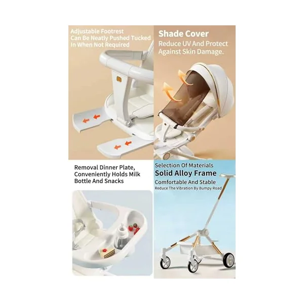 Rexhan 2 in 1 Baby Stroller, Foldable Pram, Feeding Chair, Baby Buggy, Reversible Pushchair, All in One Stroller, Newborns, Aluminium Frame, Lightweight, Shock Absorbers, Music, Footrest, White
