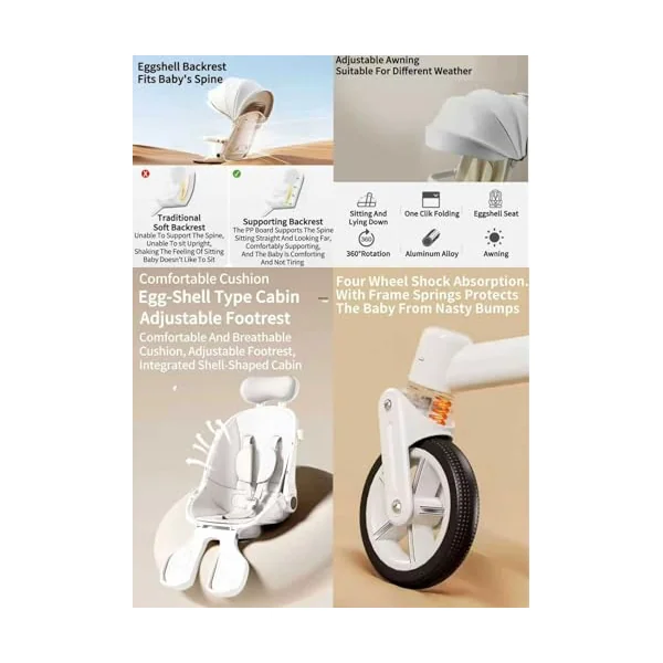 Rexhan 2 in 1 Baby Stroller, Foldable Pram, Feeding Chair, Baby Buggy, Reversible Pushchair, All in One Stroller, Newborns, Aluminium Frame, Lightweight, Shock Absorbers, Music, Footrest, White