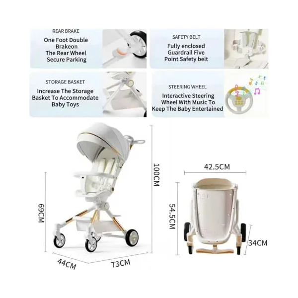 Rexhan 2 in 1 Baby Stroller, Foldable Pram, Feeding Chair, Baby Buggy, Reversible Pushchair, All in One Stroller, Newborns, Aluminium Frame, Lightweight, Shock Absorbers, Music, Footrest, White