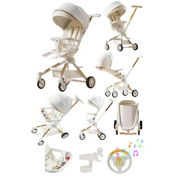 Rexhan 2 in 1 Baby Stroller, Foldable Pram, Feeding Chair, Baby Buggy, Reversible Pushchair, All in One Stroller, Newborns, Aluminium Frame, Lightweight, Shock Absorbers, Music, Footrest, White