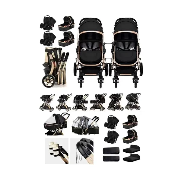 Rexhan Twin 4 in 1 Reversible Travel System, Foldable Double Baby Buggy, Twin Toddler Pram, Pushchair, Lightweight, Tandem All in One Stroller, Portable Baby Carriage, 0-4 Year, Aluminium Frame