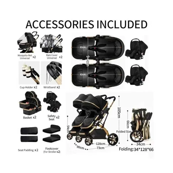 Rexhan Twin 4 in 1 Reversible Travel System, Foldable Double Baby Buggy, Twin Toddler Pram, Pushchair, Lightweight, Tandem All in One Stroller, Portable Baby Carriage, 0-4 Year, Aluminium Frame
