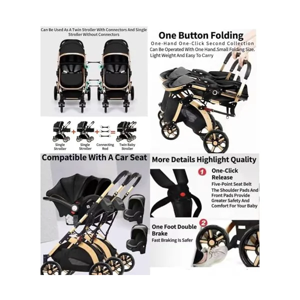 Rexhan Twin 4 in 1 Reversible Travel System, Foldable Double Baby Buggy, Twin Toddler Pram, Pushchair, Lightweight, Tandem All in One Stroller, Portable Baby Carriage, 0-4 Year, Aluminium Frame