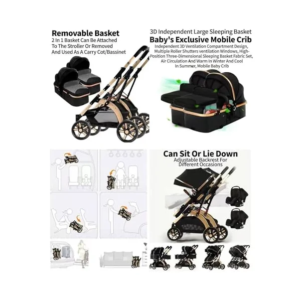 Rexhan Twin 4 in 1 Reversible Travel System, Foldable Double Baby Buggy, Twin Toddler Pram, Pushchair, Lightweight, Tandem All in One Stroller, Portable Baby Carriage, 0-4 Year, Aluminium Frame