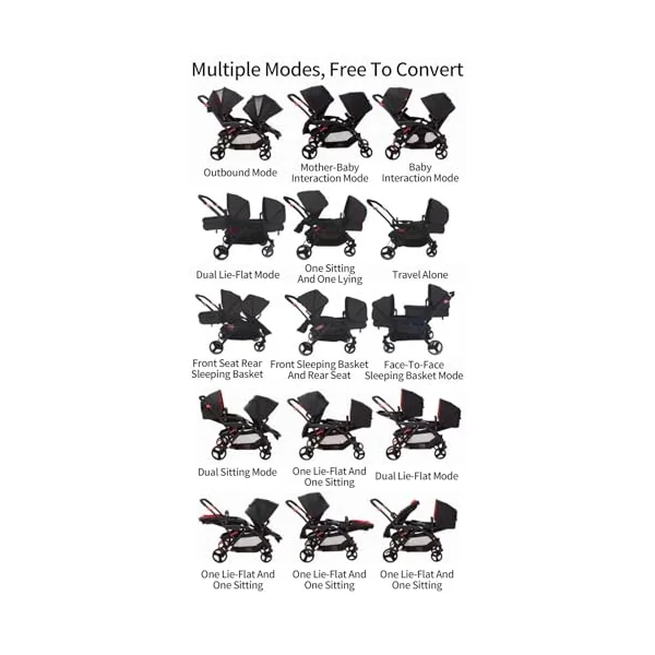 Rexhan Twin Baby Pram, 2 in 1 Foldable Double Baby Buggy, Reversible Tandem Pushchair, Twin All in One Stroller, Newborns, Toddlers, 0-4 Years, Aluminium Frame, Lightweight