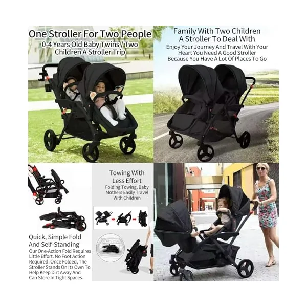 Rexhan Twin Baby Pram, 2 in 1 Foldable Double Baby Buggy, Reversible Tandem Pushchair, Twin All in One Stroller, Newborns, Toddlers, 0-4 Years, Aluminium Frame, Lightweight