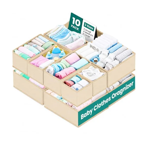 RFAQK 10 Pack Drawer Organizer Clothes-3 Sizes Dresser Organizer for Underwear Closet, Baby Clothes Organizer for Wardrobe-Foldable Fabric Drawer Dividers for Bedroom,Lingerie,Undies,Bra-Beige