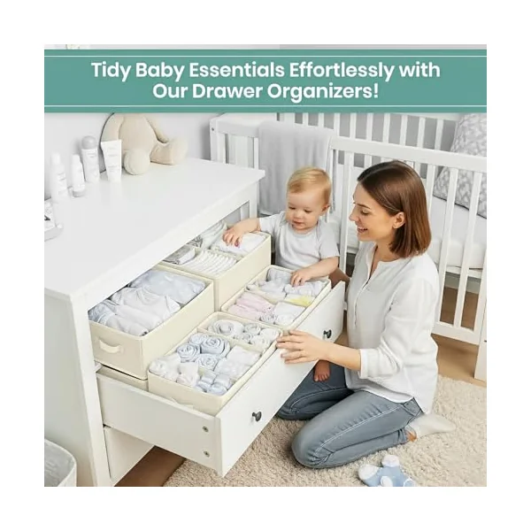 RFAQK 10 Pack Drawer Organizer Clothes-3 Sizes Dresser Organizer for Underwear Closet, Baby Clothes Organizer for Wardrobe-Foldable Fabric Drawer Dividers for Bedroom,Lingerie,Undies,Bra-Beige