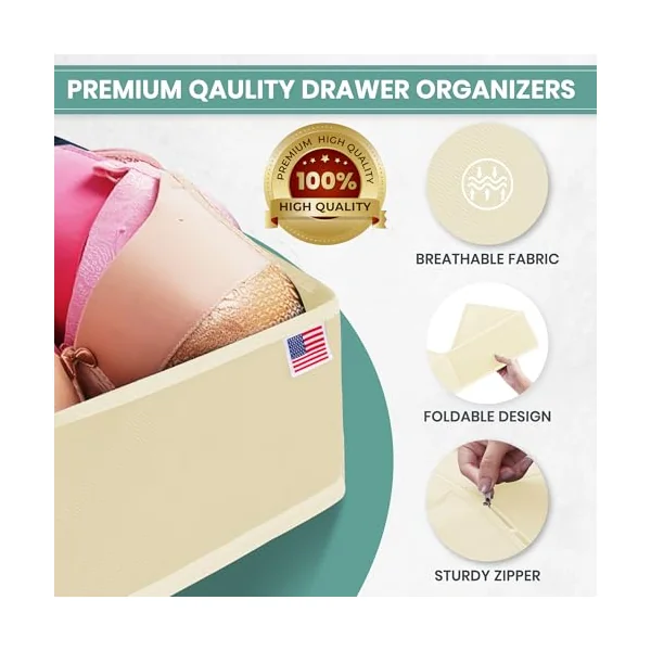 RFAQK 10 Pack Drawer Organizer Clothes-3 Sizes Dresser Organizer for Underwear Closet, Baby Clothes Organizer for Wardrobe-Foldable Fabric Drawer Dividers for Bedroom,Lingerie,Undies,Bra-Beige