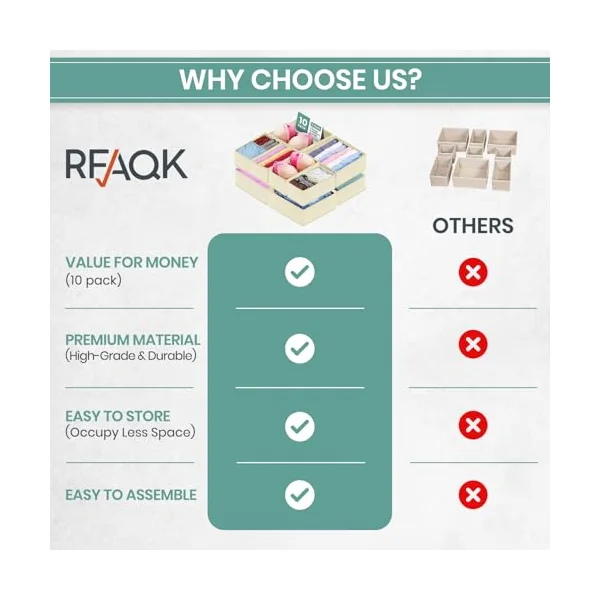 RFAQK 10 Pack Drawer Organizer Clothes-3 Sizes Dresser Organizer for Underwear Closet, Baby Clothes Organizer for Wardrobe-Foldable Fabric Drawer Dividers for Bedroom,Lingerie,Undies,Bra-Beige