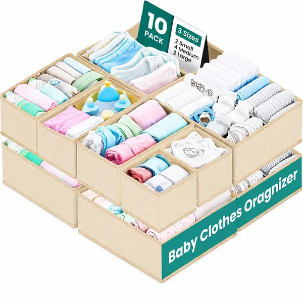 RFAQK 10 Pack Drawer Organizer Clothes-3 Sizes Dresser Organizer for Underwear Closet, Baby Clothes Organizer for Wardrobe-Foldable Fabric Drawer Dividers for Bedroom,Lingerie,Undies,Bra-Beige
