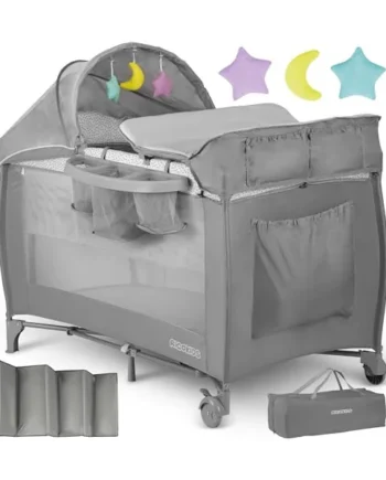 Ricokids Travel Cot Baby with Mattress 125 x 65 x 78 cm Children's Travel Cot Baby Bed up to 15 kg 2 Wheels with Brakes Side Entry Transport Bag Weighing Function Play Arch Changing Table Foldable