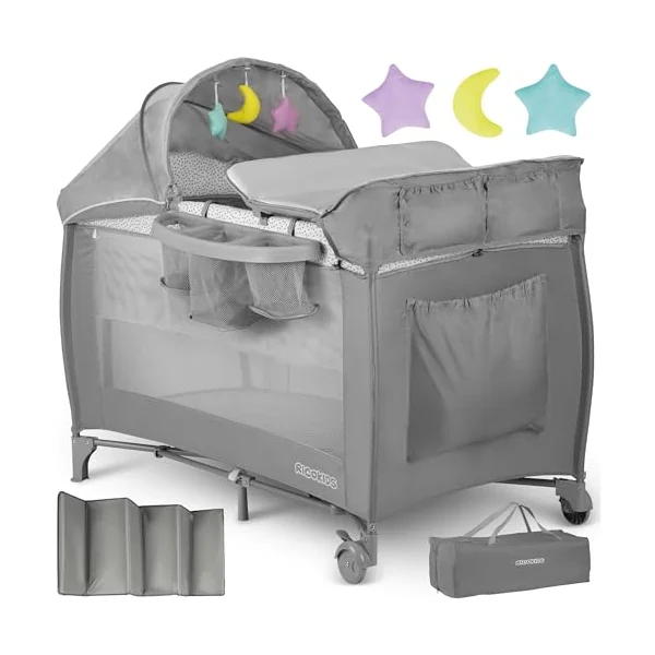 Ricokids Travel Cot Baby with Mattress 125 x 65 x 78 cm Children's Travel Cot Baby Bed up to 15 kg 2 Wheels with Brakes Side Entry Transport Bag Weighing Function Play Arch Changing Table Foldable