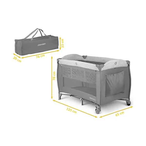 Ricokids Travel Cot Baby with Mattress 125 x 65 x 78 cm Children's Travel Cot Baby Bed up to 15 kg 2 Wheels with Brakes Side Entry Transport Bag Weighing Function Play Arch Changing Table Foldable