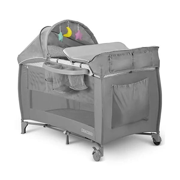Ricokids Travel Cot Baby with Mattress 125 x 65 x 78 cm Children's Travel Cot Baby Bed up to 15 kg 2 Wheels with Brakes Side Entry Transport Bag Weighing Function Play Arch Changing Table Foldable