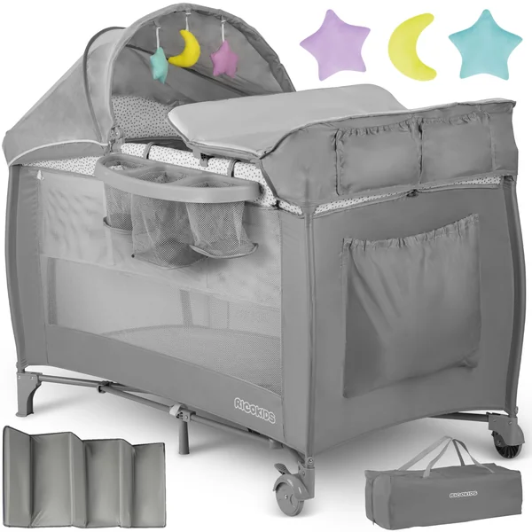 Ricokids Travel Cot Baby with Mattress 125 x 65 x 78 cm Children's Travel Cot Baby Bed up to 15 kg 2 Wheels with Brakes Side Entry Transport Bag Weighing Function Play Arch Changing Table Foldable
