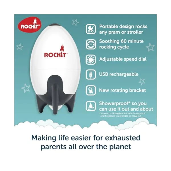 Rockit Rocker Rechargeable Pram Rocker - Baby Pushchair Rocking Device, Soothing Motion for Stroller or Buggy, Adjustable Speed, 60 Minute Timer, Universal Fit